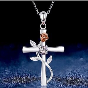 New silver religious God cross Jesus faith rose charm crystal necklace